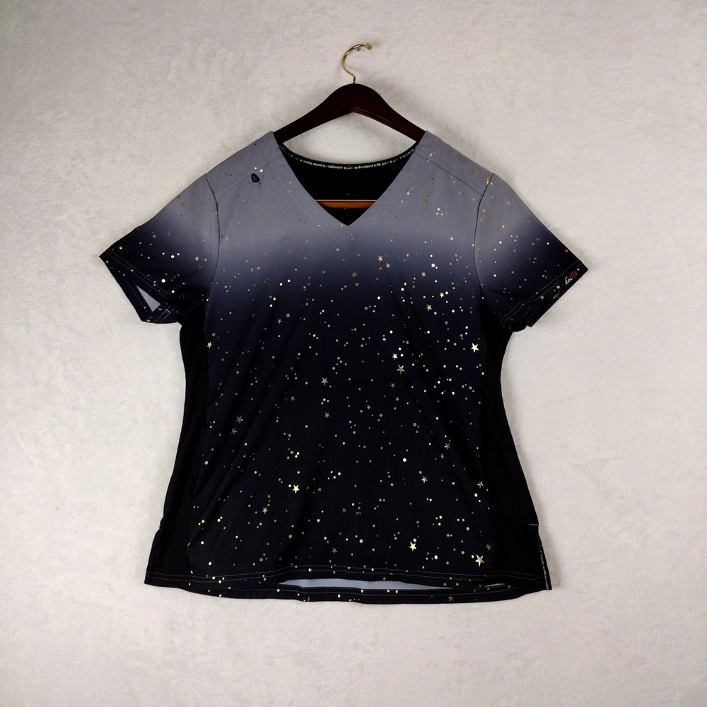 Koi Lite Womens Ombre Star Print Scrub Top Grey Black Gold V-Neck 370F Medium